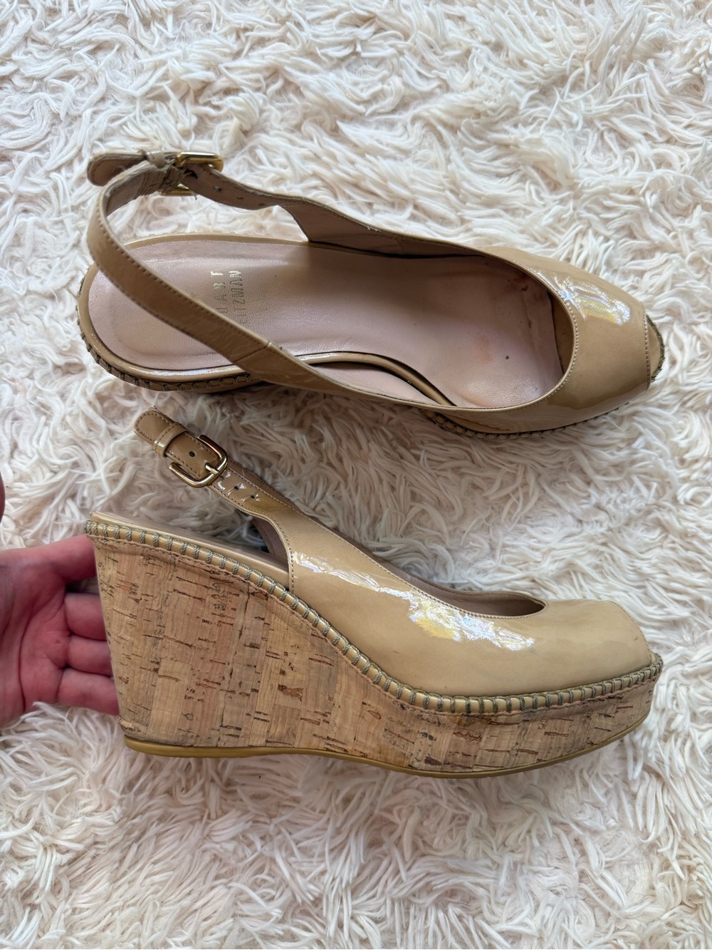 Stuart Weitzman Nude Patent Cork Wedge Slingback Sandals 8.5